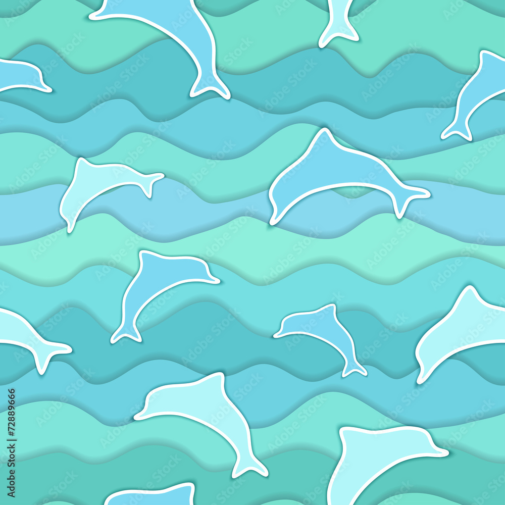 Seamless pattern with sea and dolphins