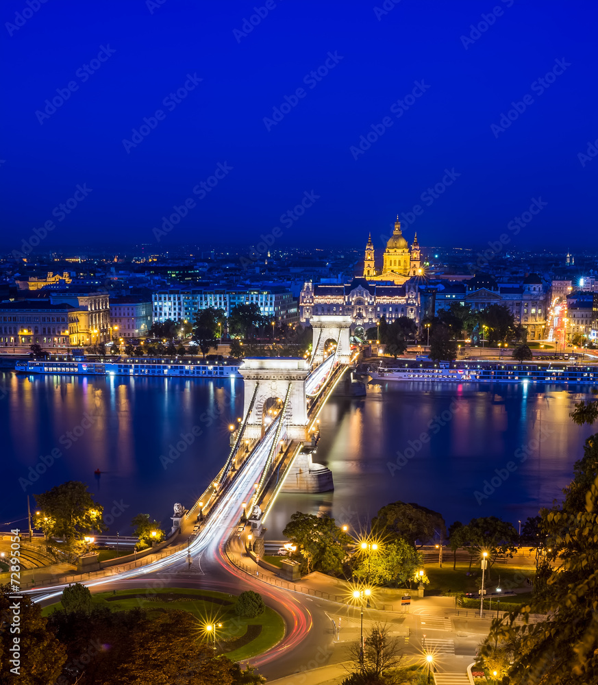 Obraz premium The night view of the Chain bridge, Budapest