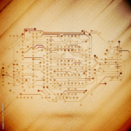 Microchip background, electronics circuit, wooden design vector