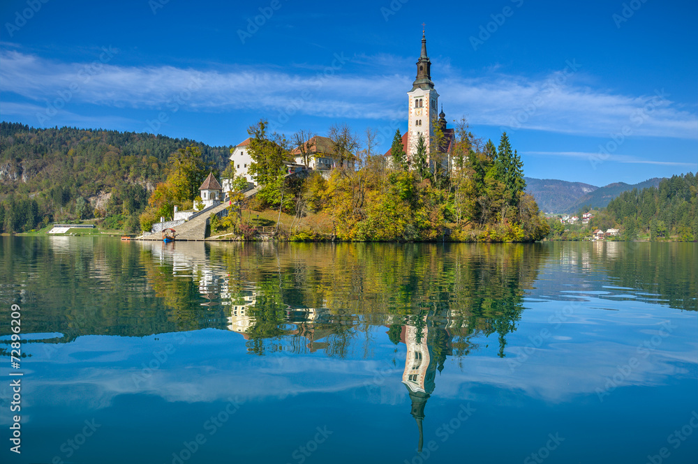 Island on Lake Bled in Autumn Morning