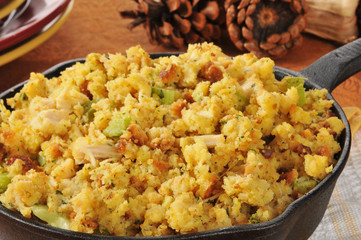 Cornbread stuffing in a cast iron skillet