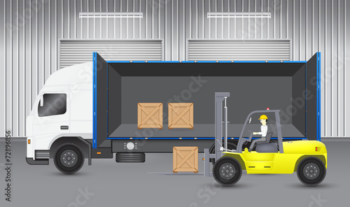 Vector of operator, driver or worker to handling wood crate box into storage or cargo container by forklift, equipment for logistic, shipping and delivery. Freight transport and distribution industry.