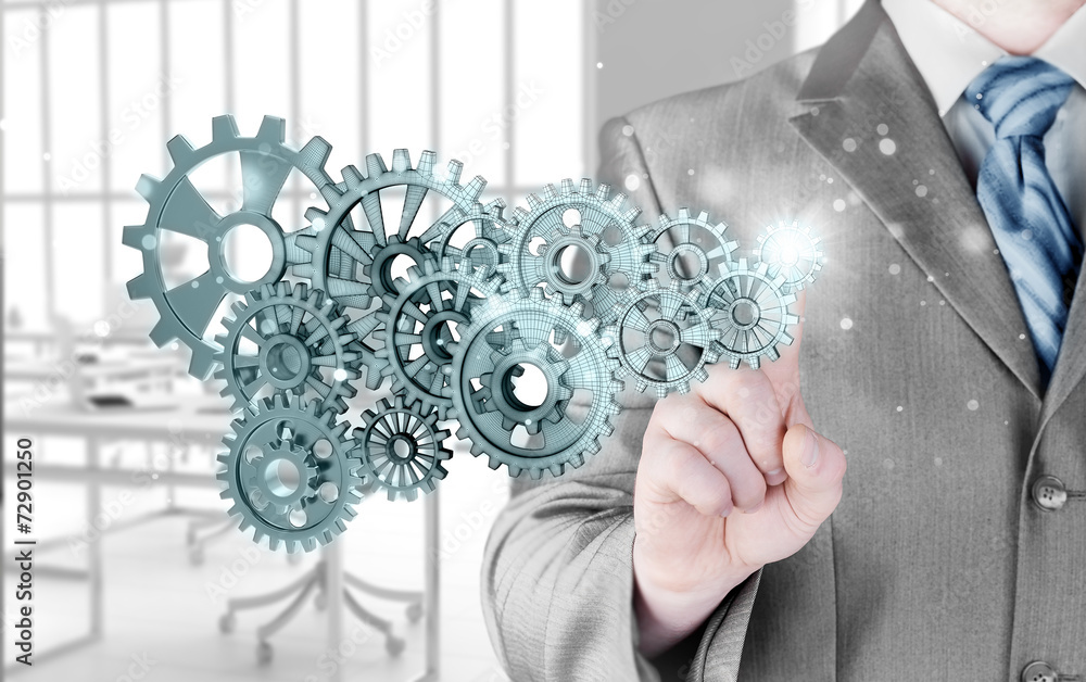 businessman hand touch gear to success concept businessman hand touch gear to success concept