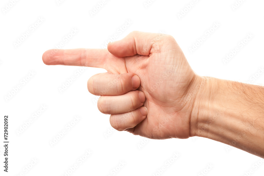 Right male hand with index finger showing left direction Right male hand with index finger showing left direction