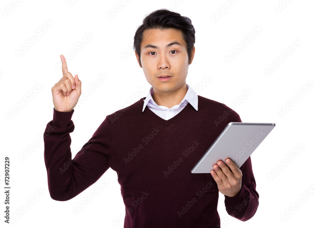 Man use tablet and finger up Man use tablet and finger up