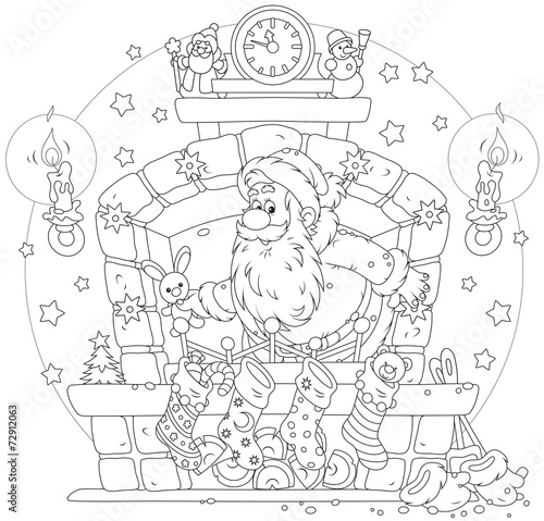 Santa Claus with Christmas gifts in the fireplace