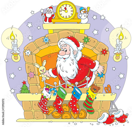 Santa Claus with Christmas gifts in the fireplace