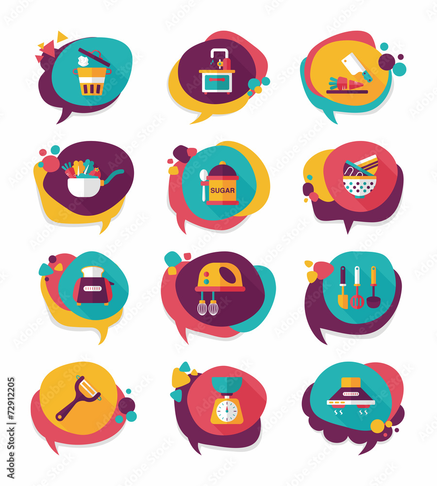 Kitchenware bubble speech flat banner design background set, eps Kitchenware bubble speech flat banner design background set, eps