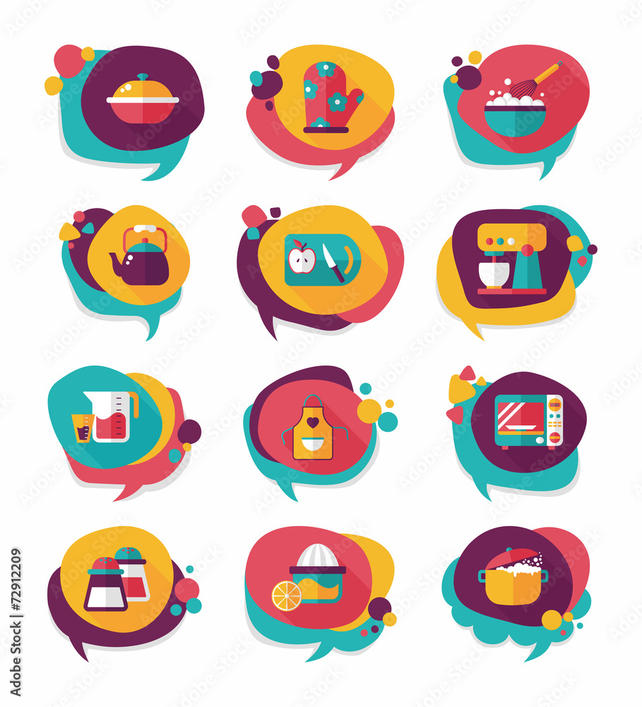Kitchenware bubble speech flat banner design background set, eps Kitchenware bubble speech flat banner design background set, eps