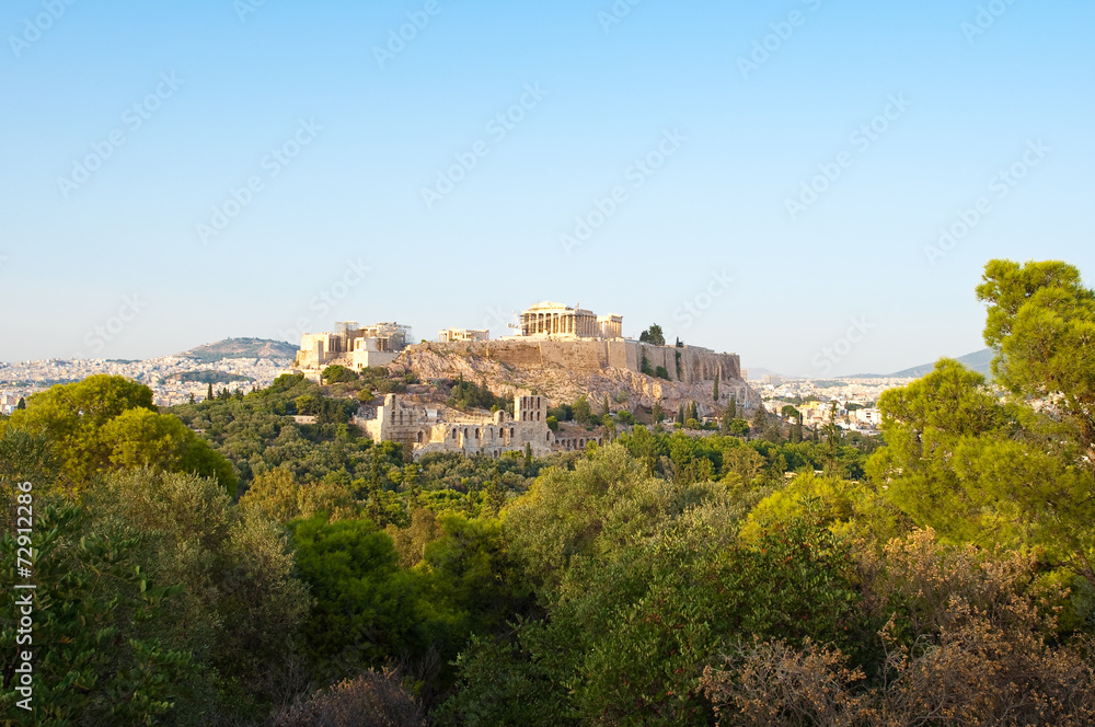 Acropolis of Athens from Filopappos Hill in the evening. Greece.