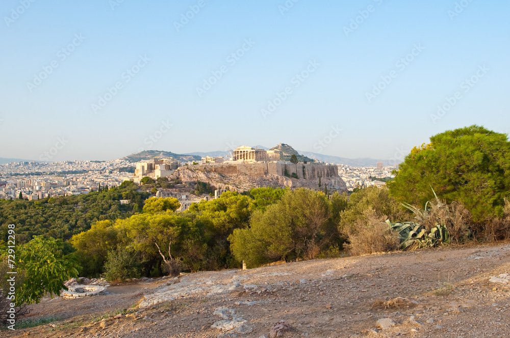 Acropolis of Athens, view from Filopappos Hill. Athens, Greece.