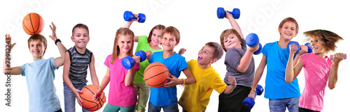 Team of sportive kids friends with dumbbells and ball