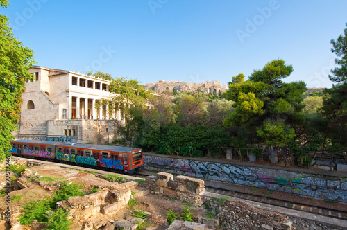 Acropolis of Athens and Athenian subway in Athens, Greece.