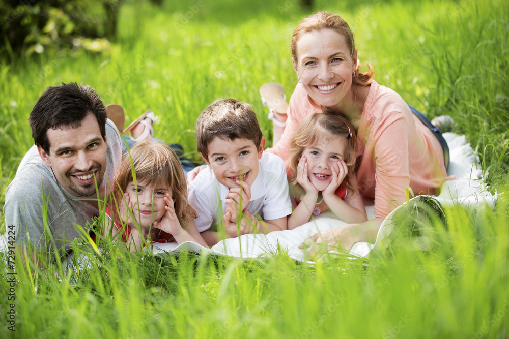 Familie mit indern macht Picknick im Grünen Familie mit indern macht Picknick im Grünen
