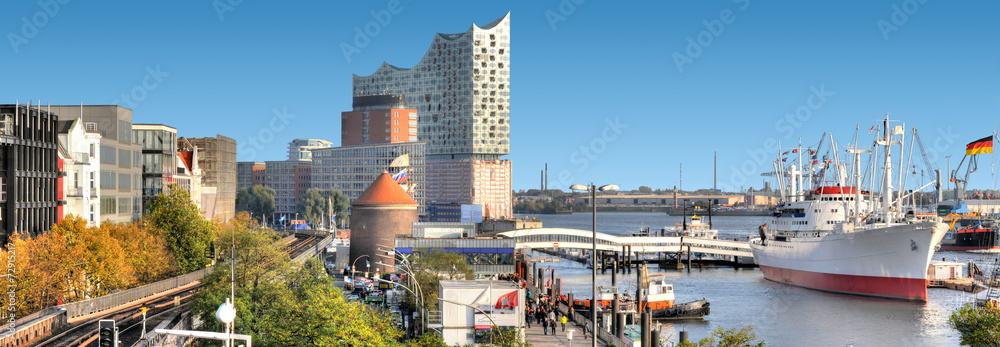 Hamburger Hafenpanorama. - obrazy, fototapety, plakaty 