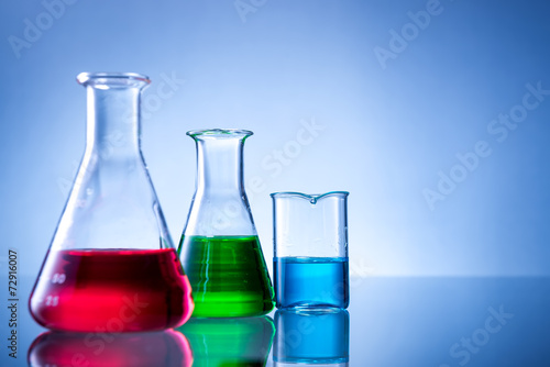 Laboratory equipment, bottles, flasks with color liquid