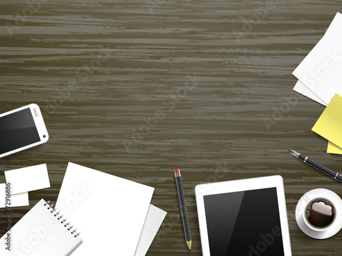 working place elements over wooden table