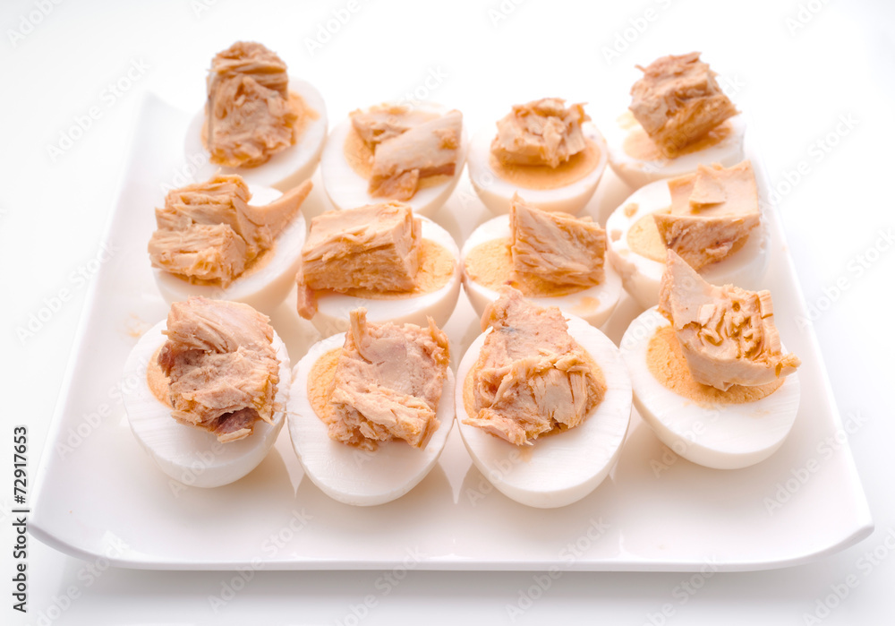 Cut boiled eggs with tuna Cut boiled eggs with tuna