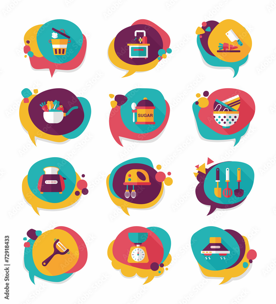 Kitchenware bubble speech flat banner design background set, eps Kitchenware bubble speech flat banner design background set, eps