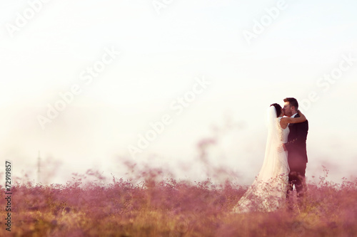 bride and groom love in a mouve flower land on sunset photo