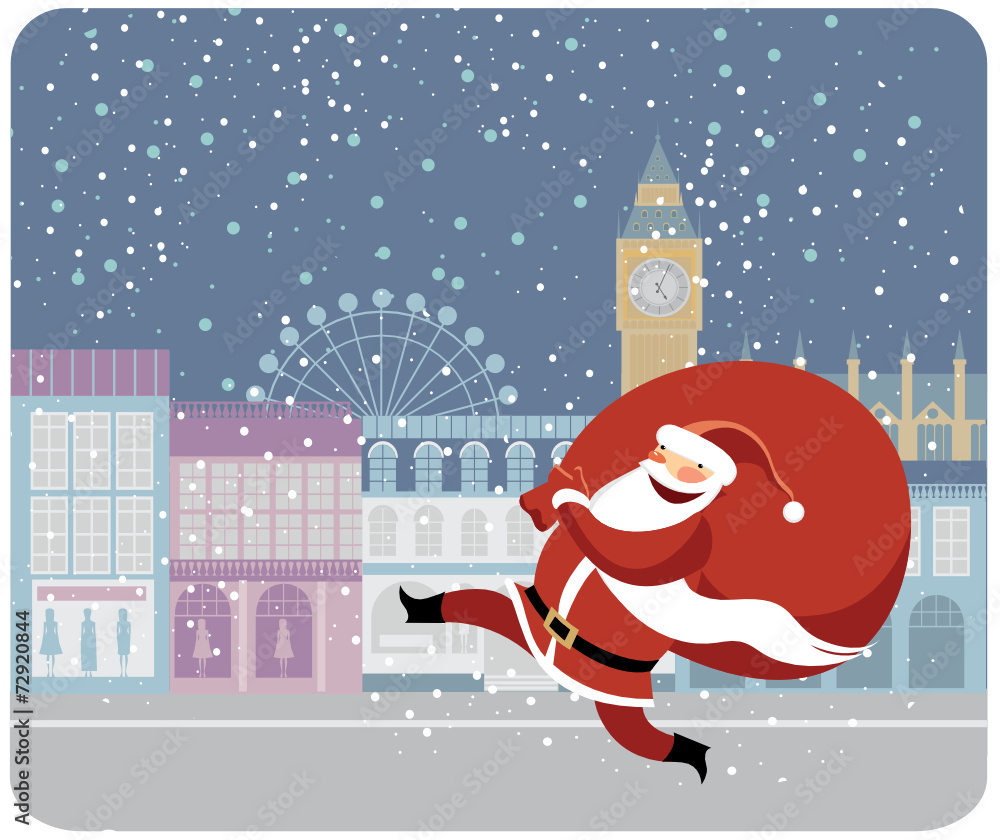 Santa Claus delivering gifts in London - obrazy, fototapety, plakaty 