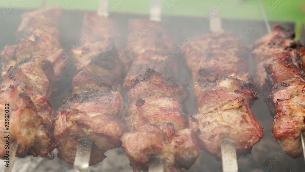 Appetizing hot shish kebab on metal skewers Appetizing hot shish kebab on metal skewers
