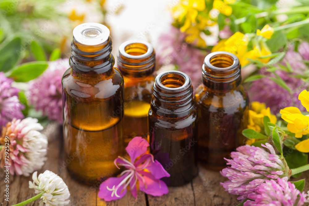 essential oils and medical flowers herbs - obrazy, fototapety, plakaty 
