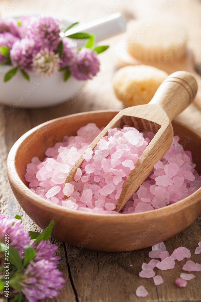 spa with pink herbal salt and clover flowers spa with pink herbal salt and clover flowers