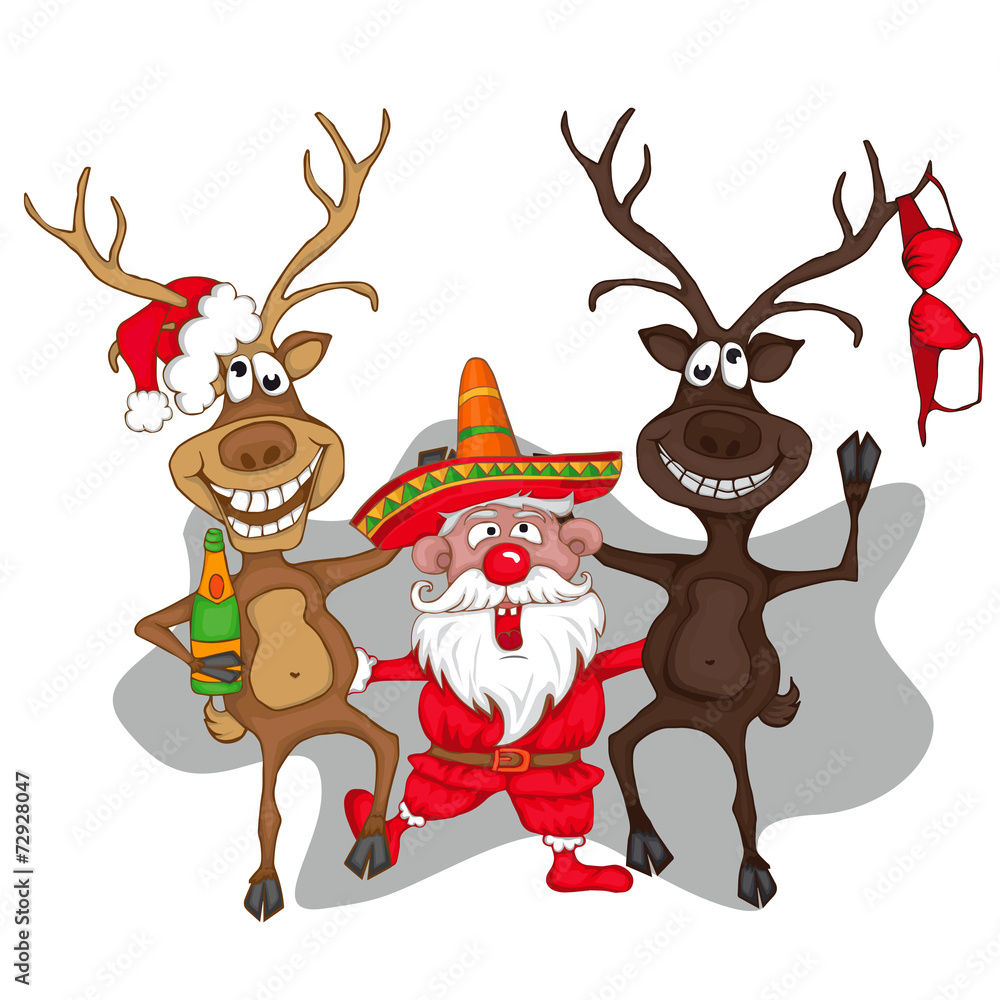 Santa Claus dancing with deers. cartoon style