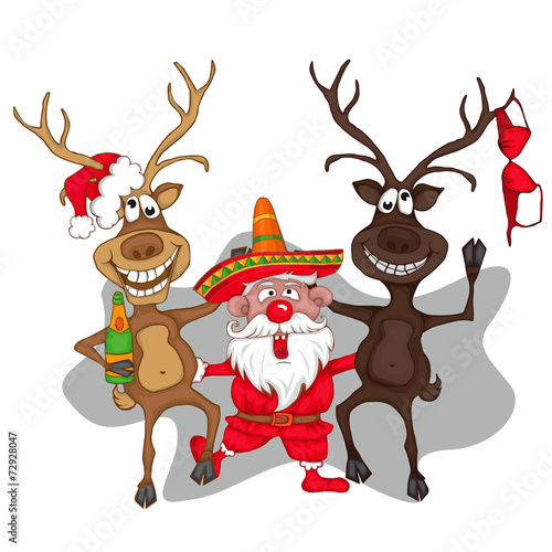 Santa Claus dancing with deers. cartoon style