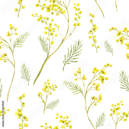 Seamless Pattern with Watercolor Sprig of Mimosa