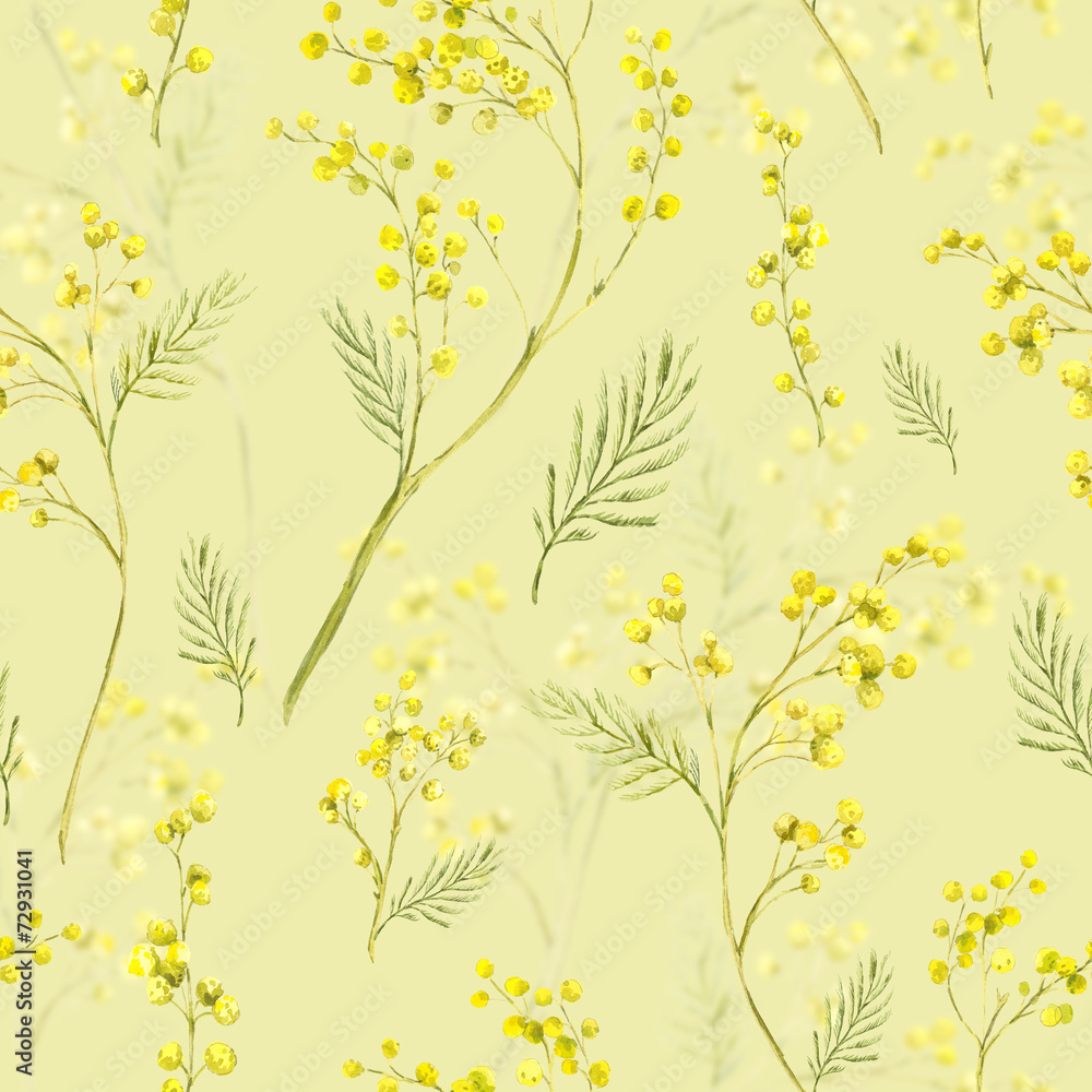 Seamless Pattern with Watercolor Sprig of Mimosa