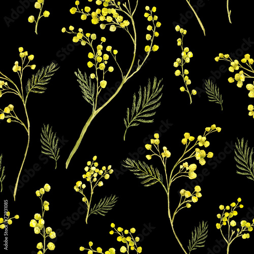 Seamless Pattern with Watercolor Sprig of Mimosa