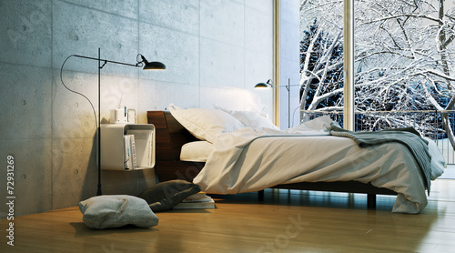modernes schlafzimmer in winterlandschaft photo