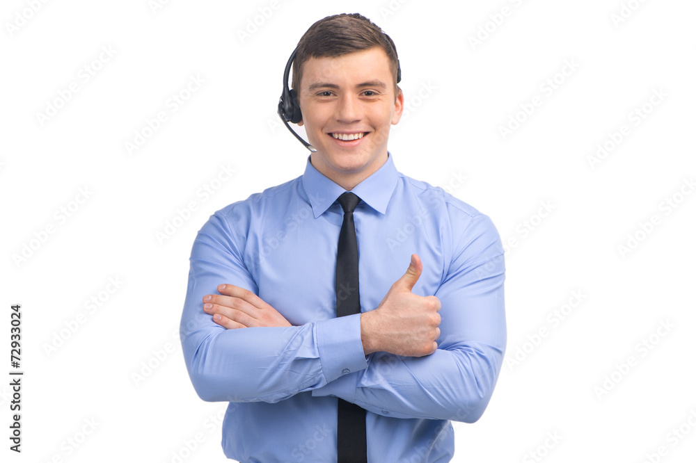 handsome technical support operator working on white. handsome technical support operator working on white.