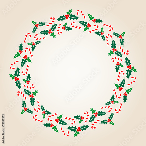 Christmas Wreath Holly Candy Canes Banner Beige