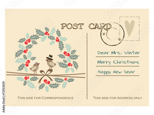 Retro christmas greeting postcard with birds, holly wreath