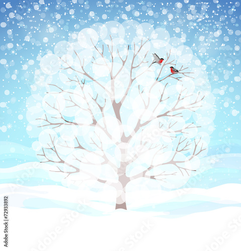 Winter background with snowy tree and bullfinches