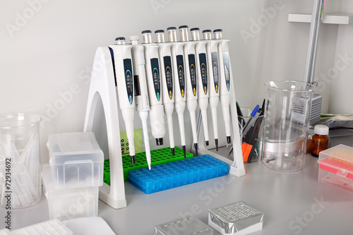 Set for the study (table with instruments, pipettes and samples)