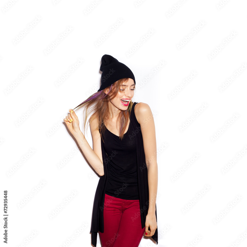 Young beautiful woman in black beanie Young beautiful woman in black beanie