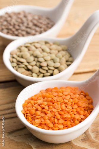 Three kinds of lentil in bowls - red lentil, green lentil and br