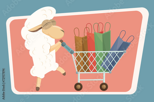 Vector illustration. Card with baby lamb and shopping bags.