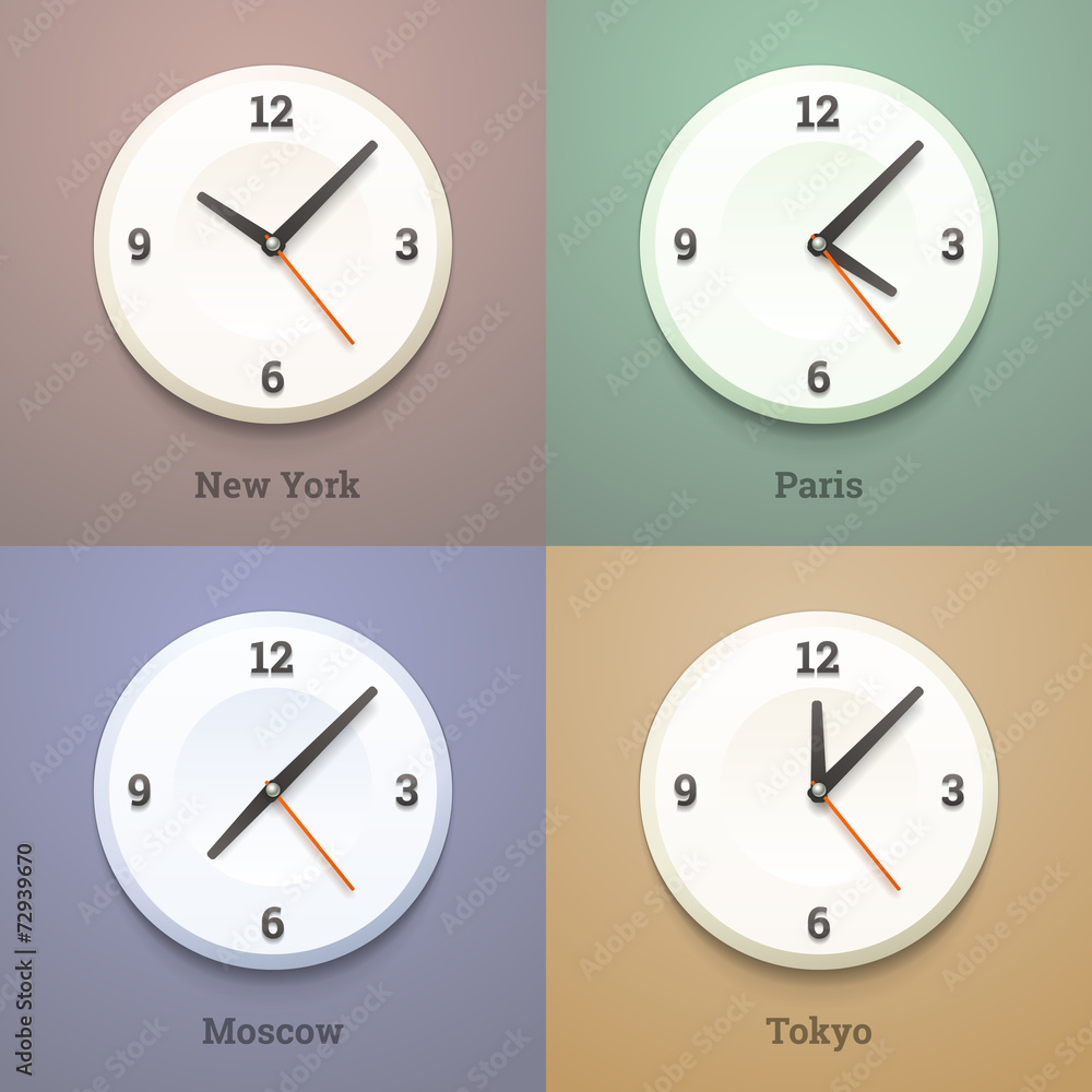 World city time watches on the wall. Vector illustration. World city time watches on the wall. Vector illustration.