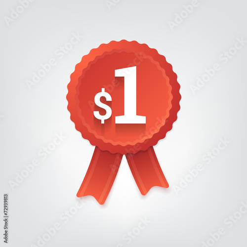 Red badge with one dollar price. Vector illustration.