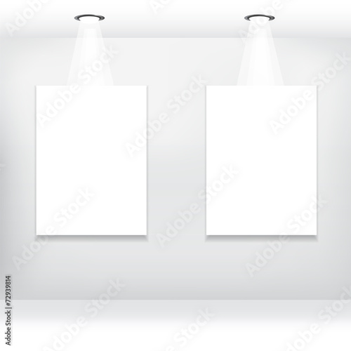 Realistic gallery hall with empty frame on wall