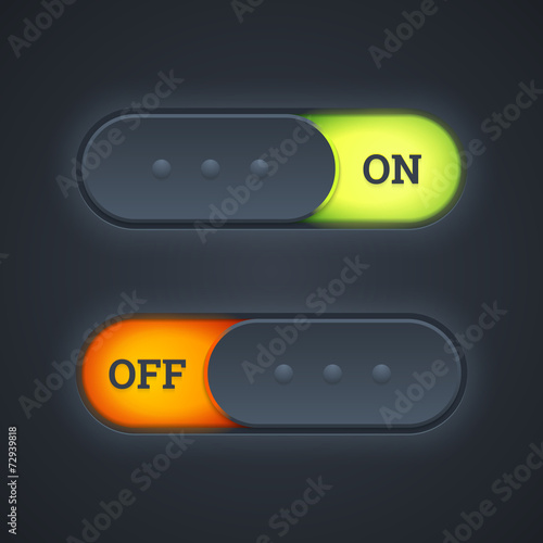 On and off switch toggle buttons with green and red lights. Vect