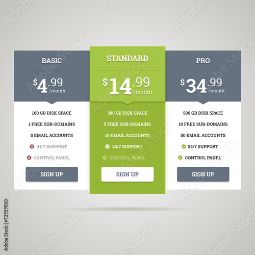 Vector pricing table for websites and applications.