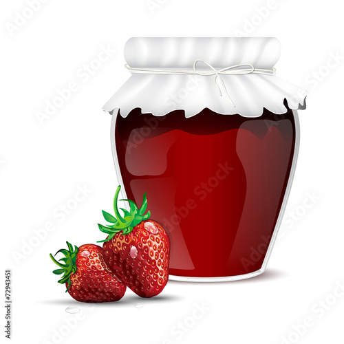 Strawberry marmalade in a jar and fresh strawberries