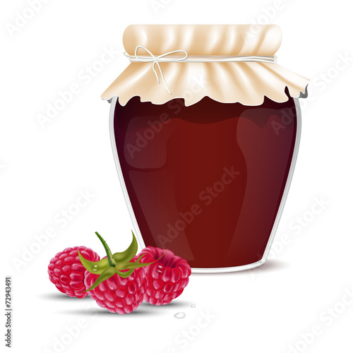 Raspberry marmalade in a jar and fresh raspberries