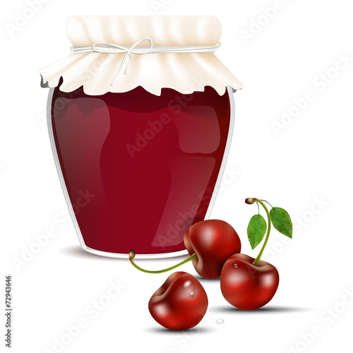 Cherry marmalade in a jar and fresh cherries